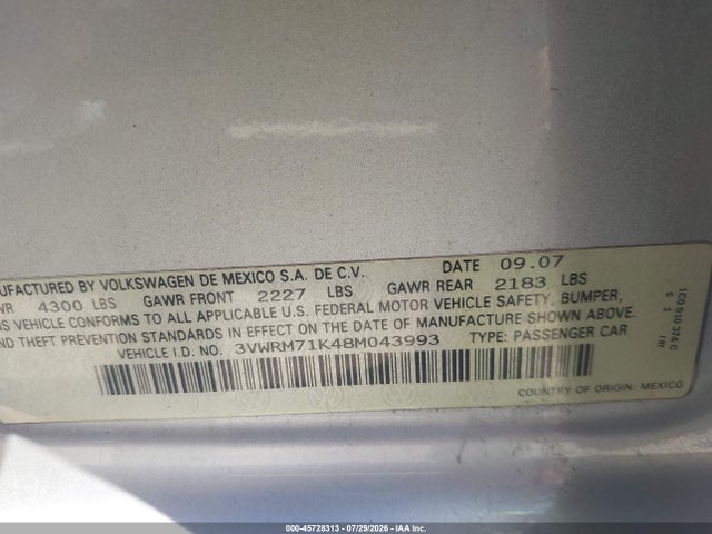 Aukcja sprzedaży 2008 Volkswagen Jetta Se/sel, vin: 3VWRM71K48M043993, numer aukcji: 45728313