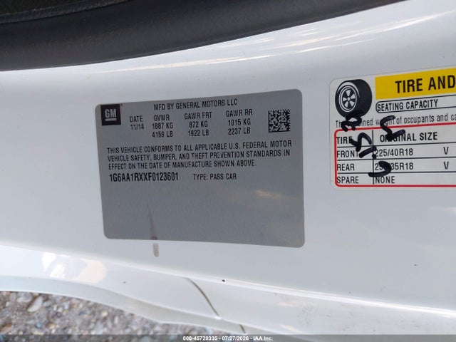 Продаж на аукціоні авто 2015 Cadillac Ats Standard, vin: 1G6AA1RXXF0123601, номер лоту: 45728335