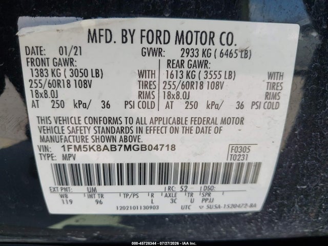 2021 Ford Police Interceptor Utility მანქანა იყიდება აუქციონზე, vin: 1FM5K8AB7MGB04718, აუქციონის ნომერი: 45728344