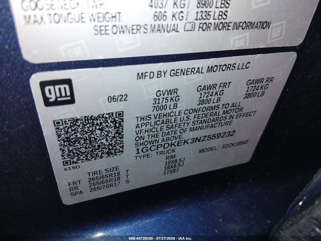 1GCPDKEK3NZ559232 Chevrolet Silverado 1500 4wd Short Bed Lt With 2fl