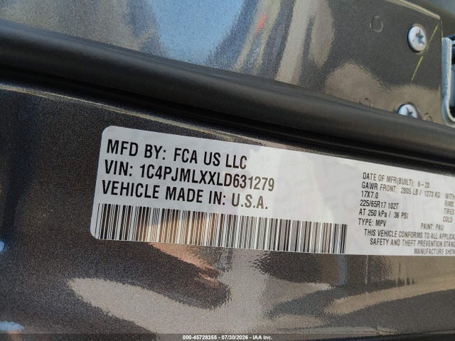 45728355 :رقم المزاد ، 1C4PJMLXXLD631279 vin ، 2020 Jeep Cherokee Latitude Lux 4x4 مزاد بيع
