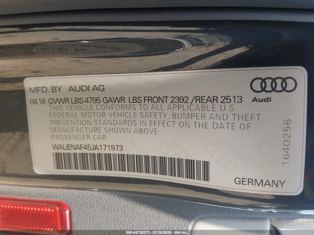 2018 Audi A4 2.0t Premium/2.0t Tech Premium მანქანა იყიდება აუქციონზე, vin: WAUENAF45JA171973, აუქციონის ნომერი: 45728372