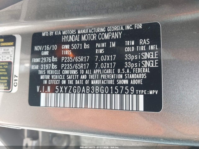 Aukcja sprzedaży 2011 Hyundai Santa Fe Gls, vin: 5XYZGDAB3BG015759, numer aukcji: 45728373