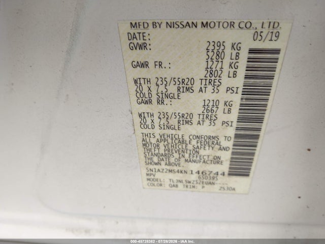 5N1AZ2MS4KN146744 Nissan Murano Platinum