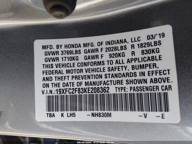 19XFC2F83KE208362 Honda Civic Sport