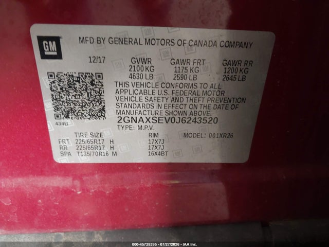 Aukcja sprzedaży 2018 Chevrolet Equinox Lt, vin: 2GNAXSEV0J6243520, numer aukcji: 45728395