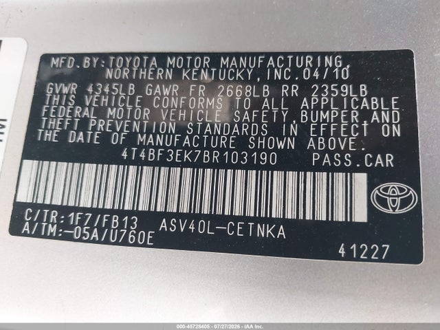 Продажа на аукционе авто 2011 Toyota Camry Le, vin: 4T4BF3EK7BR103190, номер лота: 45728405