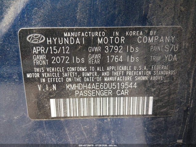 Aukcja sprzedaży 2013 Hyundai Elantra Limited, vin: KMHDH4AE6DU519544, numer aukcji: 45728419