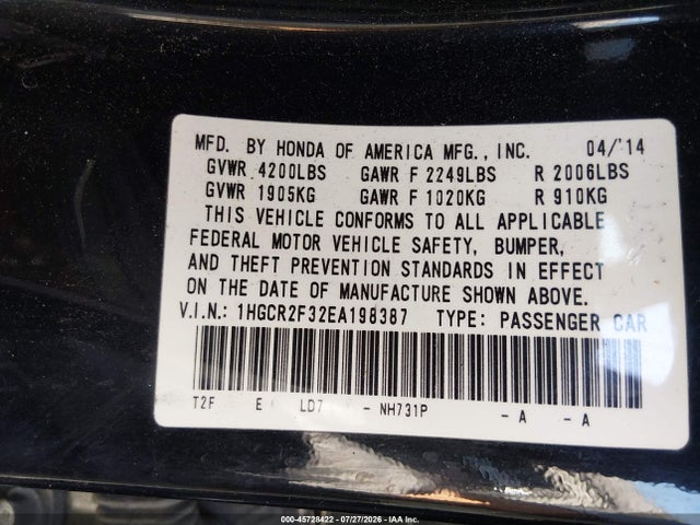 Honda ACCORD LX 2014 1HGCR2F32EA198387 Image 9