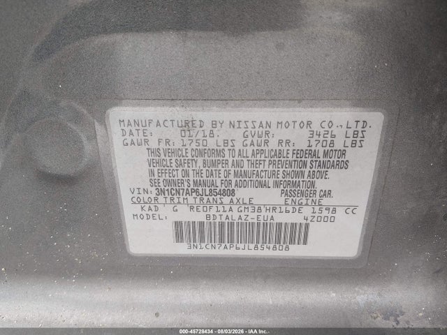 3N1CN7AP6JL854808 Nissan Versa 1.6 S+