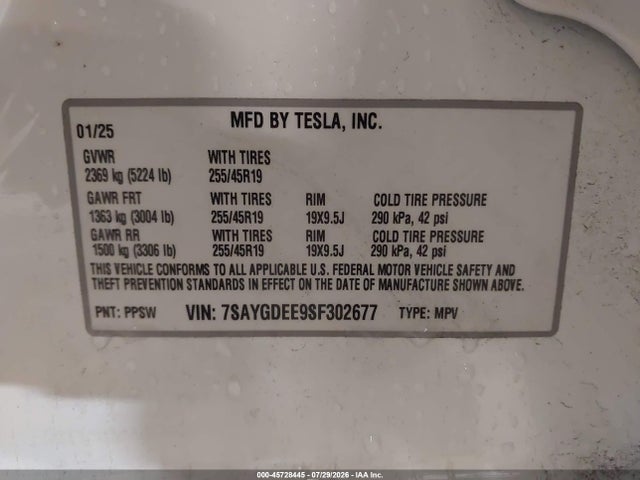 Auction sale of the 2025 Tesla Model Y Long Range Dual Motor All-wheel Drive, vin: 7SAYGDEE9SF302677, lot number: 45728445