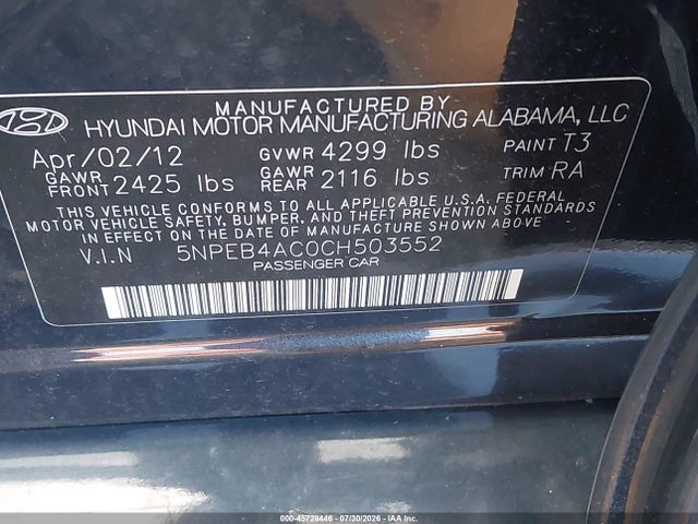 2012 Hyundai Sonata Gls მანქანა იყიდება აუქციონზე, vin: 5NPEB4AC0CH503552, აუქციონის ნომერი: 45728446