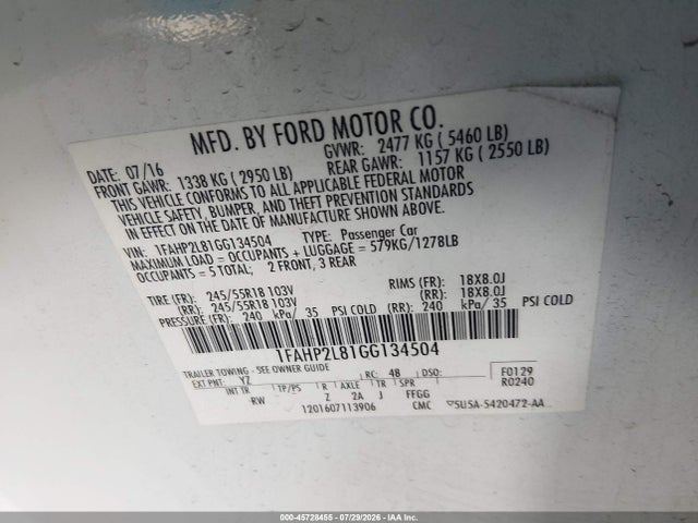 1FAHP2L81GG134504 Ford Taurus Police Interceptor