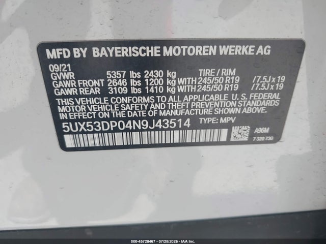 45728467 :رقم المزاد ، 5UX53DP04N9J43514 vin ، 2022 Bmw X3 Xdrive30i مزاد بيع