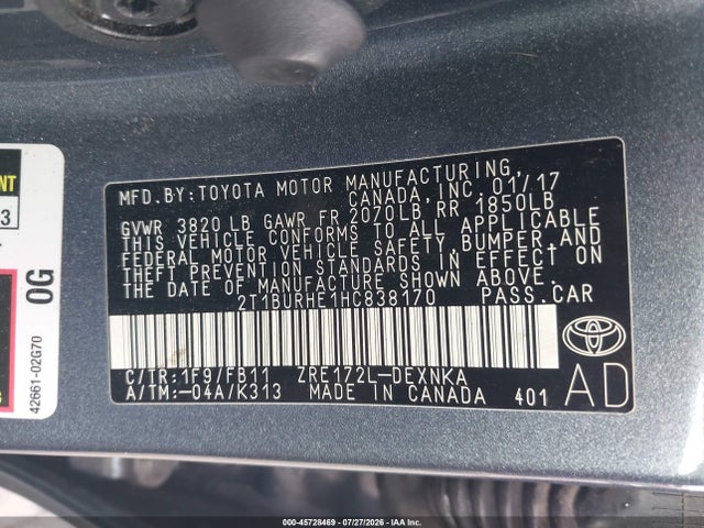 Продаж на аукціоні авто 2017 Toyota Corolla Le, vin: 2T1BURHE1HC838170, номер лоту: 45728469