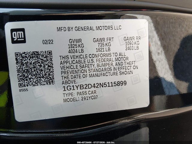 2022 Chevrolet Corvette Stingray Rwd  2lt მანქანა იყიდება აუქციონზე, vin: 1G1YB2D42N5115899, აუქციონის ნომერი: 45728498