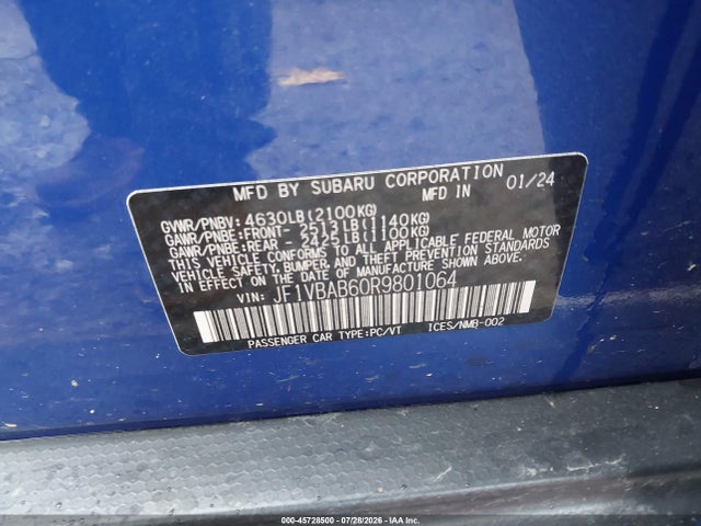 2024 Subaru Wrx მანქანა იყიდება აუქციონზე, vin: JF1VBAB60R9801064, აუქციონის ნომერი: 45728500
