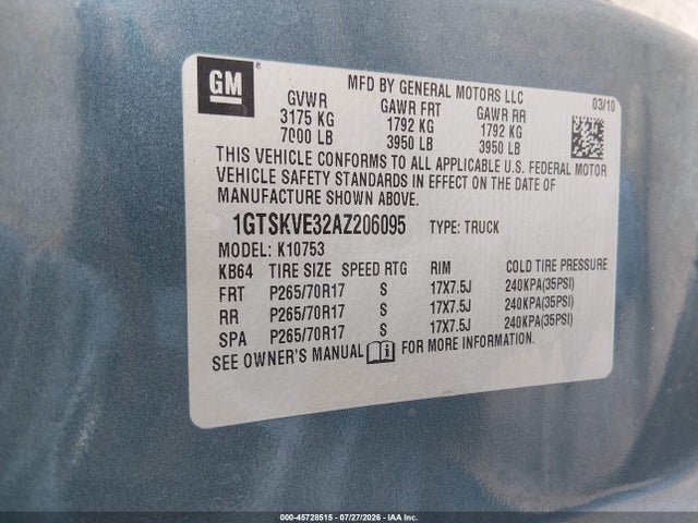 Продаж на аукціоні авто 2010 Gmc Sierra 1500 Sle, vin: 1GTSKVE32AZ206095, номер лоту: 45728515