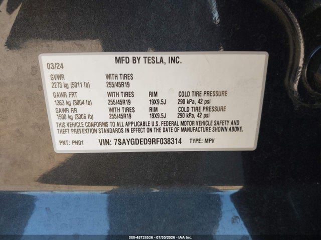 Продажа на аукционе авто 2024 Tesla Model Y Long Range Single Motor Rear-wheel Drive/rwd, vin: 7SAYGDED9RF038314, номер лота: 45728536