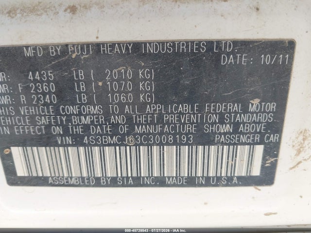 Продаж на аукціоні авто 2012 Subaru Legacy 2.5i Limited, vin: 4S3BMCJ63C3008193, номер лоту: 45728543