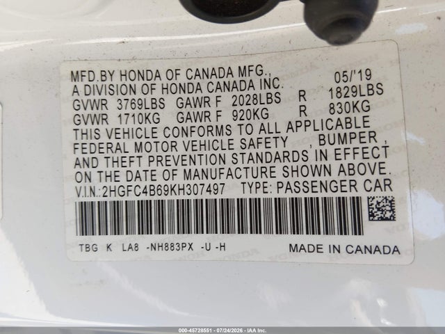 Honda Civic Lx 2019 2HGFC4B69KH307497 Image 9