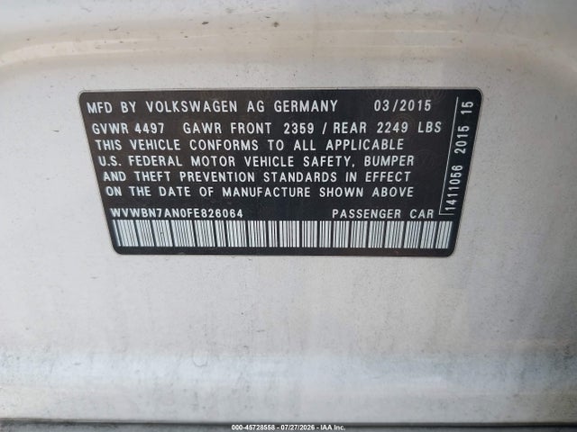 2015 Volkswagen Cc 2.0t R-line მანქანა იყიდება აუქციონზე, vin: WVWBN7AN0FE826064, აუქციონის ნომერი: 45728558