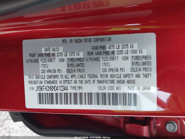 45728559 :رقم المزاد ، JM3KFACM8M0410344 vin ، 2021 Mazda Cx-5 Touring مزاد بيع