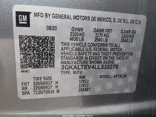 45728561 :رقم المزاد ، 3GKALTEV4LL333279 vin ، 2020 Gmc Terrain Awd Sle مزاد بيع