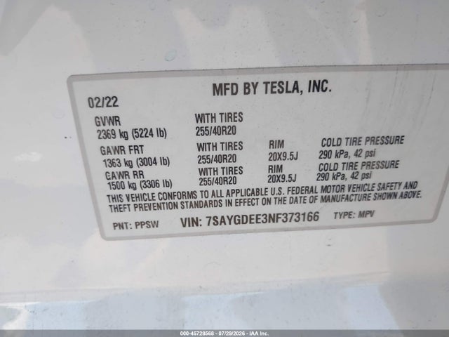 Aukcja sprzedaży 2022 Tesla Model Y Long Range Dual Motor All-wheel Drive, vin: 7SAYGDEE3NF373166, numer aukcji: 45728568