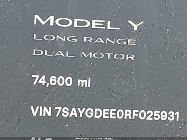 Продаж на аукціоні авто 2024 Tesla Model Y Long Range Dual Motor All-wheel Drive, vin: 7SAYGDEE0RF025931, номер лоту: 45728573