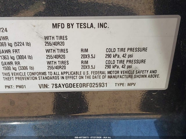 Продаж на аукціоні авто 2024 Tesla Model Y Long Range Dual Motor All-wheel Drive, vin: 7SAYGDEE0RF025931, номер лоту: 45728573