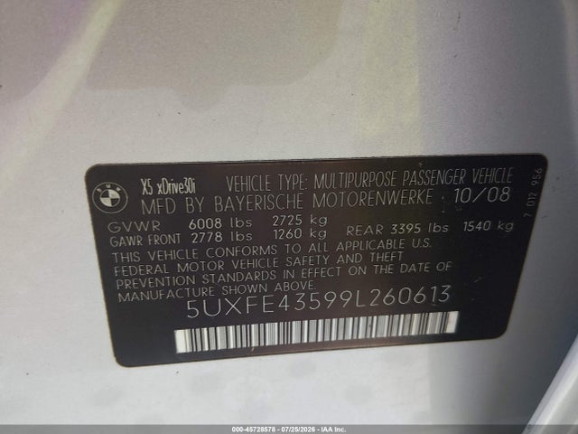 45728578 :رقم المزاد ، 5UXFE43599L260613 vin ، 2009 Bmw X5 Xdrive30i مزاد بيع