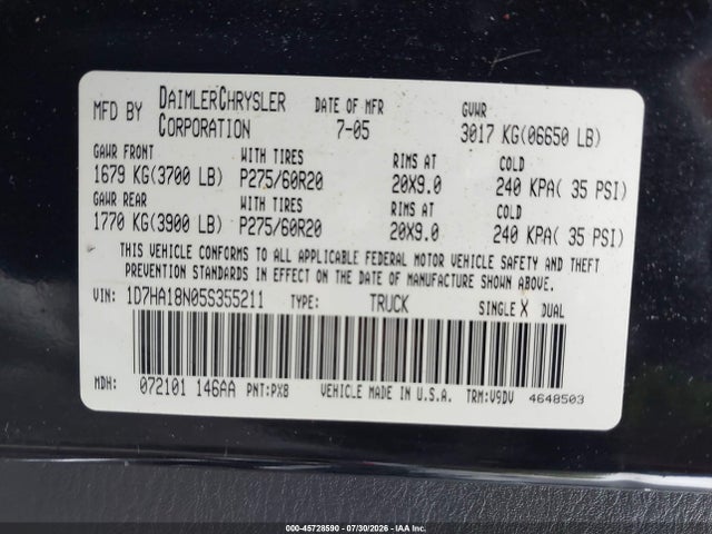 Продаж на аукціоні авто 2005 Dodge Ram 1500 Slt/laramie, vin: 1D7HA18N05S355211, номер лоту: 45728590