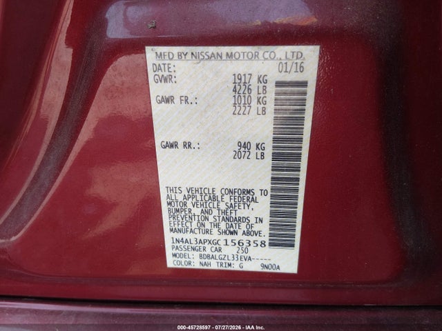 1N4AL3APXGC156358 Nissan Altima 2.5/2.5 S/2.5 Sl/2.5 Sr/2.5 Sv