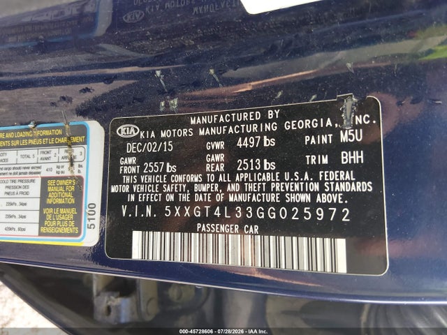 Продаж на аукціоні авто 2016 Kia Optima Lx, vin: 5XXGT4L33GG025972, номер лоту: 45728606