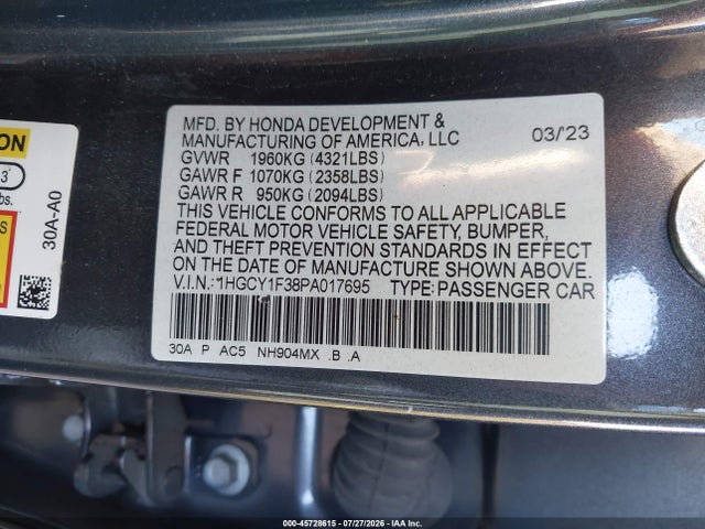 1HGCY1F38PA017695 Honda ACCORD EX