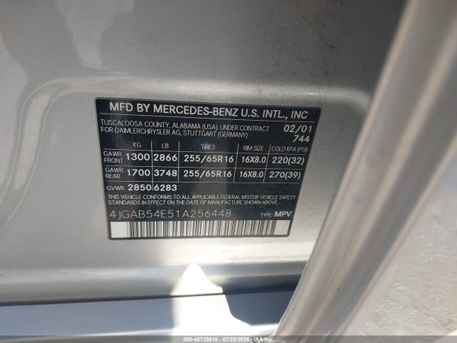 45728616 :رقم المزاد ، 4JGAB54E51A256448 vin ، 2001 Mercedes-benz Ml 320 مزاد بيع