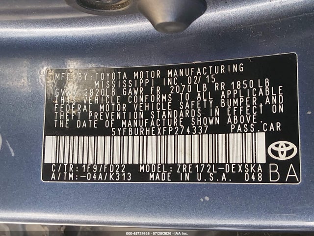 5YFBURHEXFP274337 Toyota Corolla S Plus