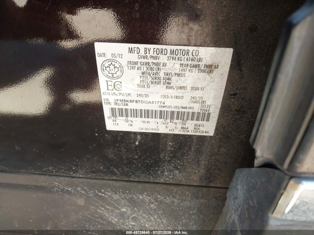 2013 Ford Explorer Limited მანქანა იყიდება აუქციონზე, vin: 1FM5K8F87DGA51774, აუქციონის ნომერი: 45728640