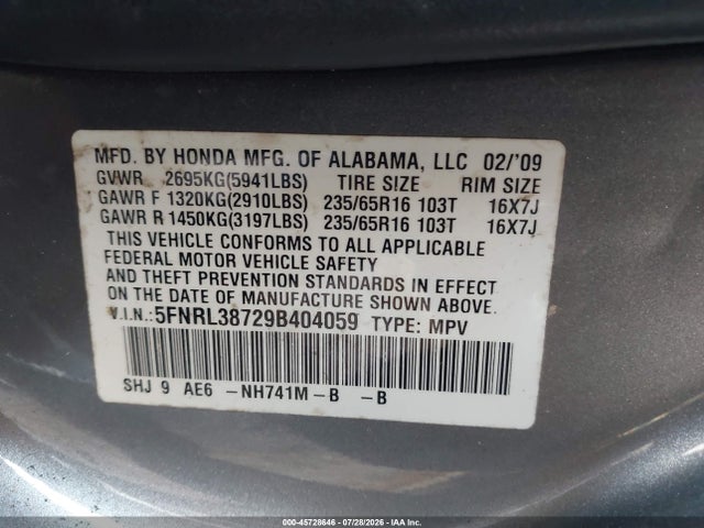 Aukcja sprzedaży 2009 Honda Odyssey Ex-l, vin: 5FNRL38729B404059, numer aukcji: 45728646