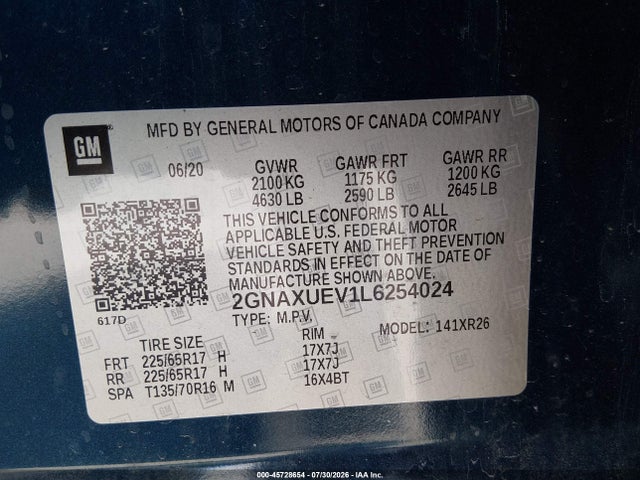 2GNAXUEV1L6254024 Chevrolet Equinox Awd Lt 1.5l Turbo