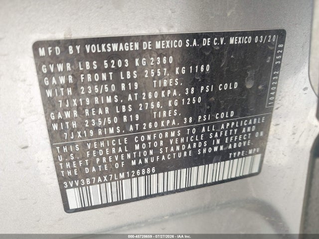 45728659 :رقم المزاد ، 3VV3B7AX7LM126886 vin ، 2020 Volkswagen Tiguan 2.0t Se/2.0t Se R-line Black/2.0t Sel مزاد بيع