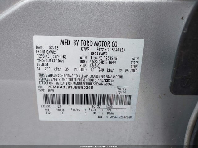 45728663 :رقم المزاد ، 2FMPK3J83JBB80245 vin ، 2018 Ford Edge Sel مزاد بيع