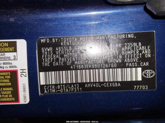 2011 Toyota Camry Hybrid მანქანა იყიდება აუქციონზე, vin: 4T1BB3EK8BU126760, აუქციონის ნომერი: 45728680