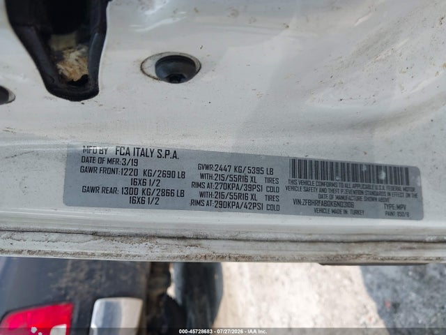 45728683 :رقم المزاد ، ZFBHRFAB0K6N03106 vin ، 2019 Ram Promaster City Tradesman مزاد بيع