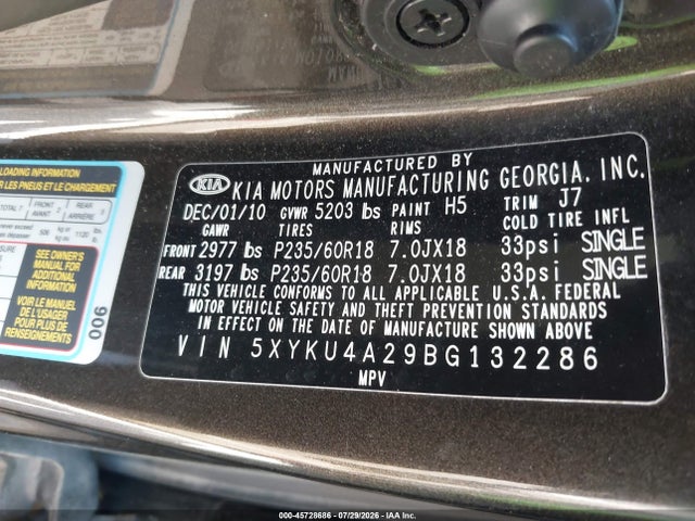 2011 Kia Sorento Ex V6 მანქანა იყიდება აუქციონზე, vin: 5XYKU4A29BG132286, აუქციონის ნომერი: 45728686