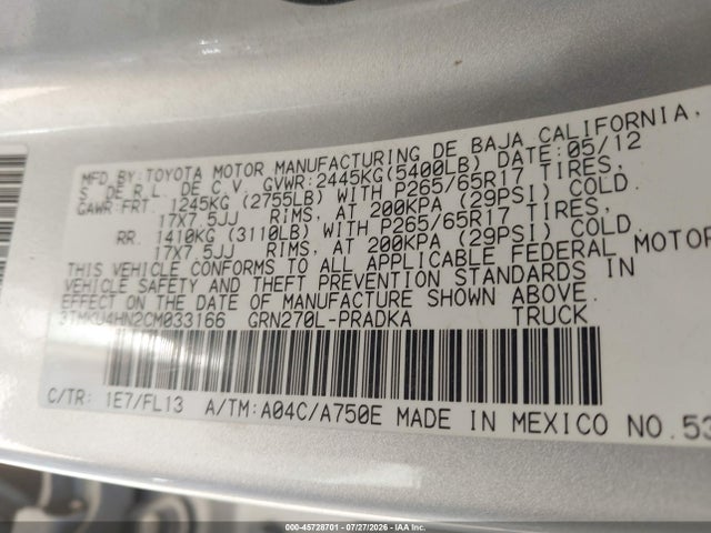 Продажа на аукционе авто 2012 Toyota Tacoma Prerunner V6, vin: 3TMKU4HN2CM033166, номер лота: 45728701