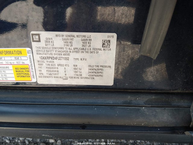 Aukcja sprzedaży 2015 Gmc Acadia Sle-2, vin: 1GKKRPKD4FJ271092, numer aukcji: 45728702
