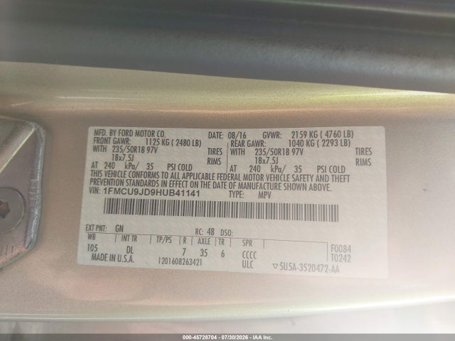 45728704 :رقم المزاد ، 1FMCU9JD9HUB41141 vin ، 2017 Ford Escape Titanium مزاد بيع