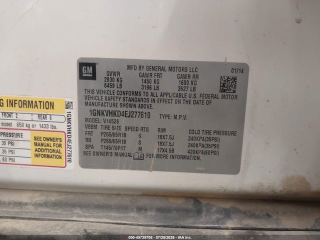 Продажа на аукционе авто 2014 Chevrolet Traverse 2lt, vin: 1GNKVHKD4EJ277610, номер лота: 45728708